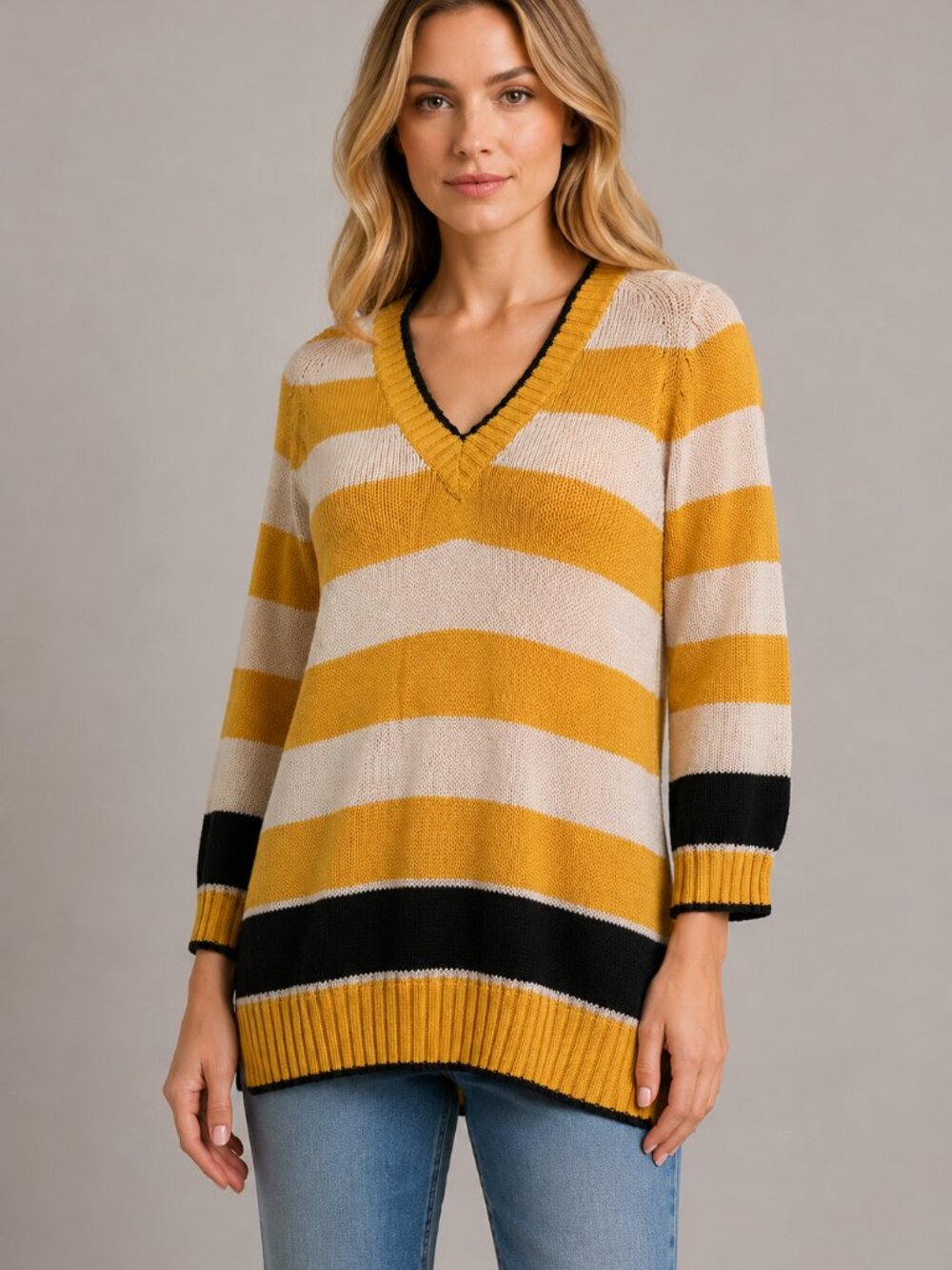 Sheridan Unique Inc. Striped Ramie Cotton V-Neck Sweater Size Medium